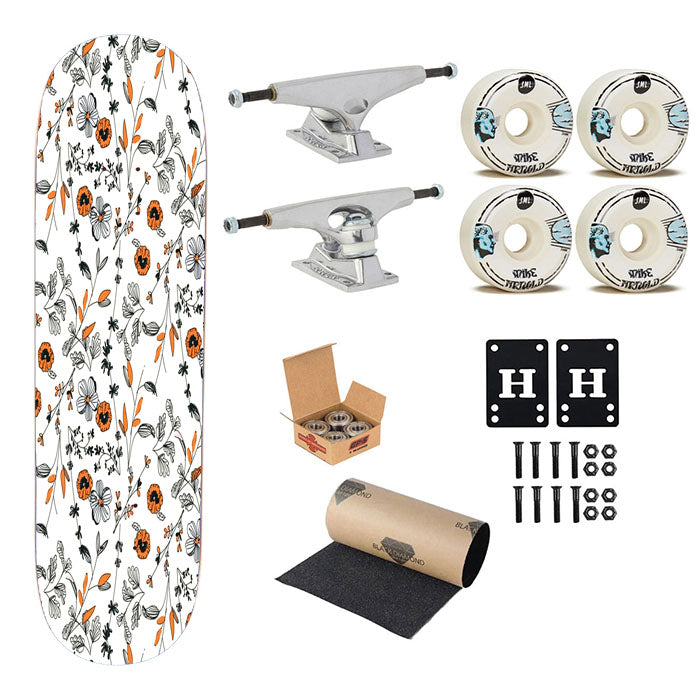 Orange Flower Pattern Skateboard Complete Board 8.0" X 31.75"
