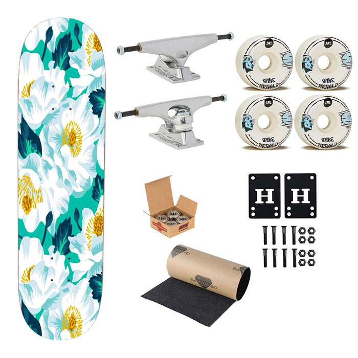 Orchid Flower White Skateboard Complete Board 8.0" X 31.75"
