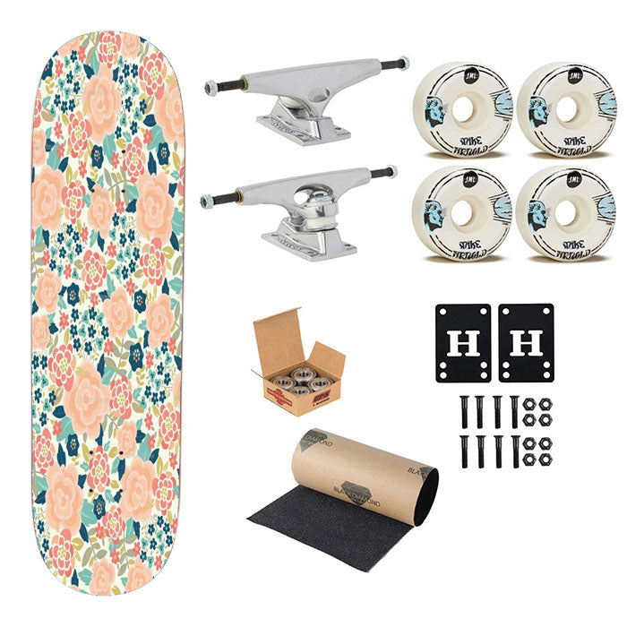 Peach And Coral Floral Fabric Skateboard Complete Board 8.0" X 31.75"