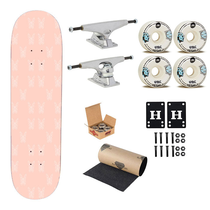 Peach White Geometric Butterfly Pattern Skateboard Complete Board 8.0" X 31.75"