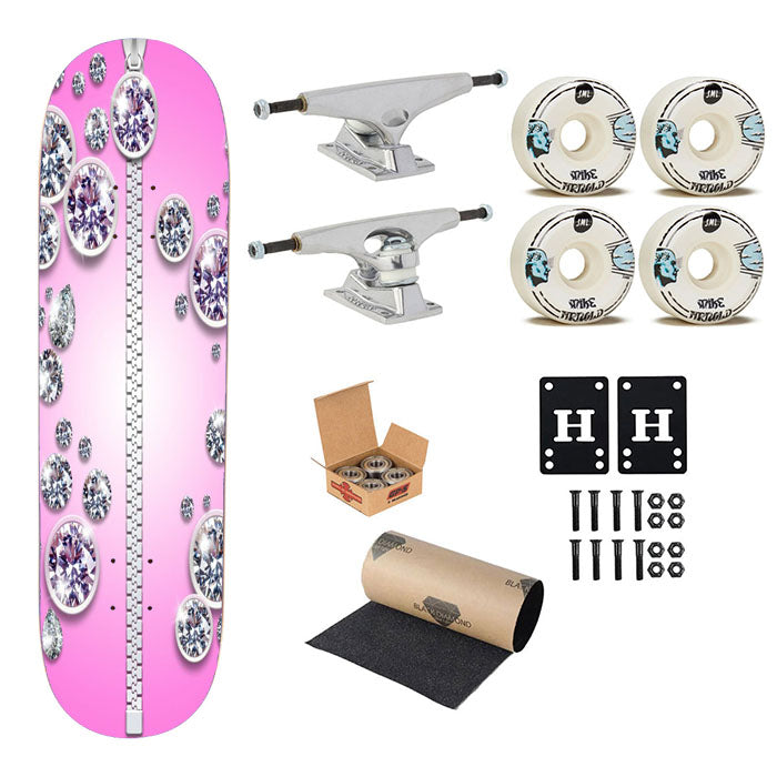 Pink Diamond Zipper Pattern Skateboard Complete Board 8.0" X 31.75"