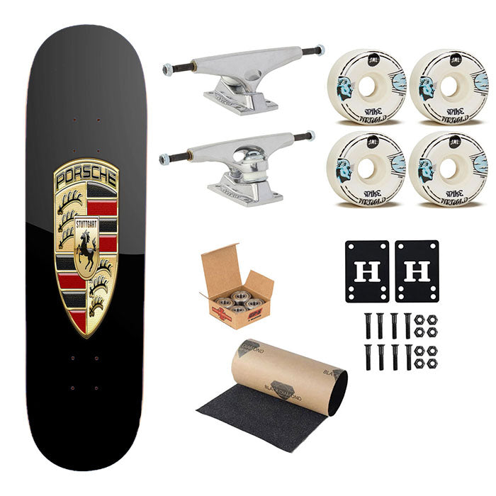Porsche Badge Logo On Black Serge Ver Bukh Skateboard Complete Board 8.0" X 31.75"