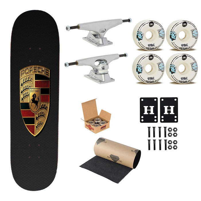 Porsche Carbon Emblem Logo Skateboard Complete Board 8.0" X 31.75"