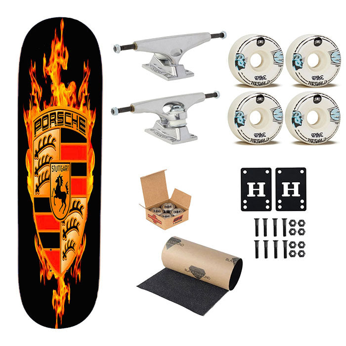 Porsche Logo Decals Fire Skateboard Complete Board 8.0" X 31.75"