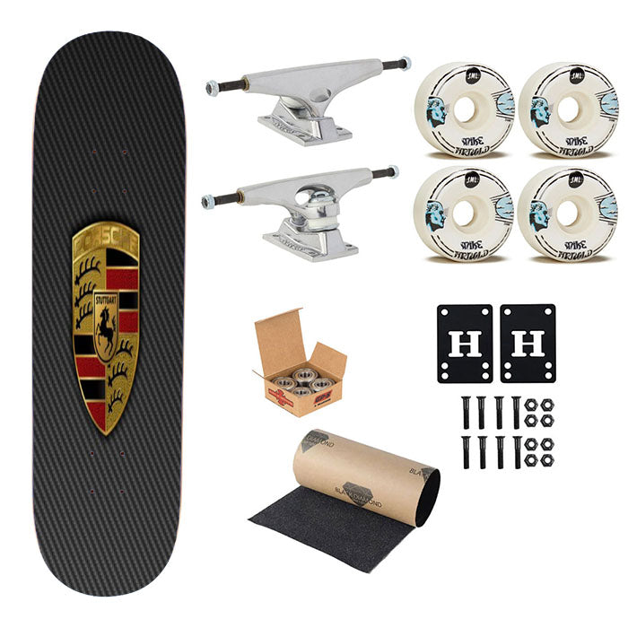 Porsche Logo Grey Skateboard Complete Board 8.0" X 31.75"