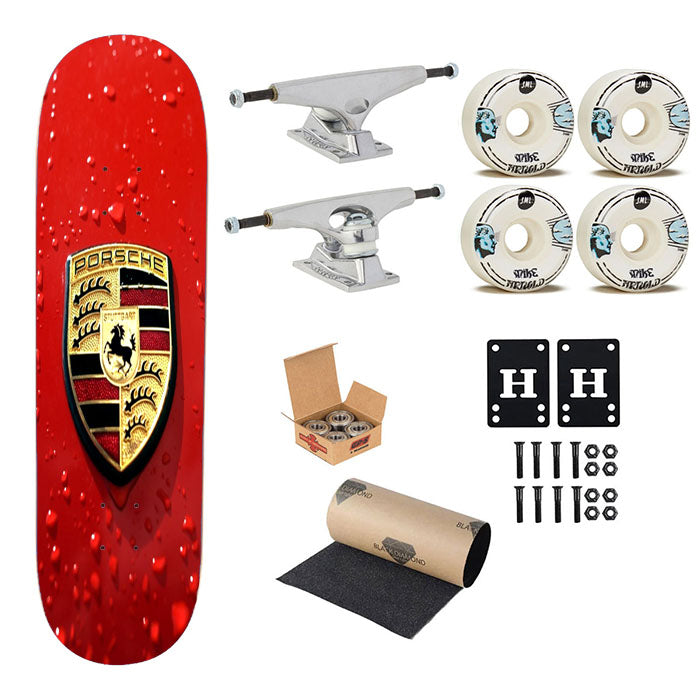 Porsche Logo Red Skateboard Complete Board 8.0" X 31.75"