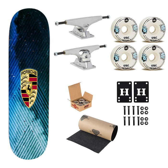 Porsche Logo Stripes Art Skateboard Complete Board 8.0" X 31.75"