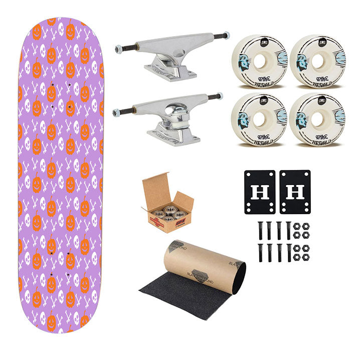 Purple Pattern Pumpkins Bone And Head Skeleton Halloween Skateboard Complete Board 8.0" X 31.75"