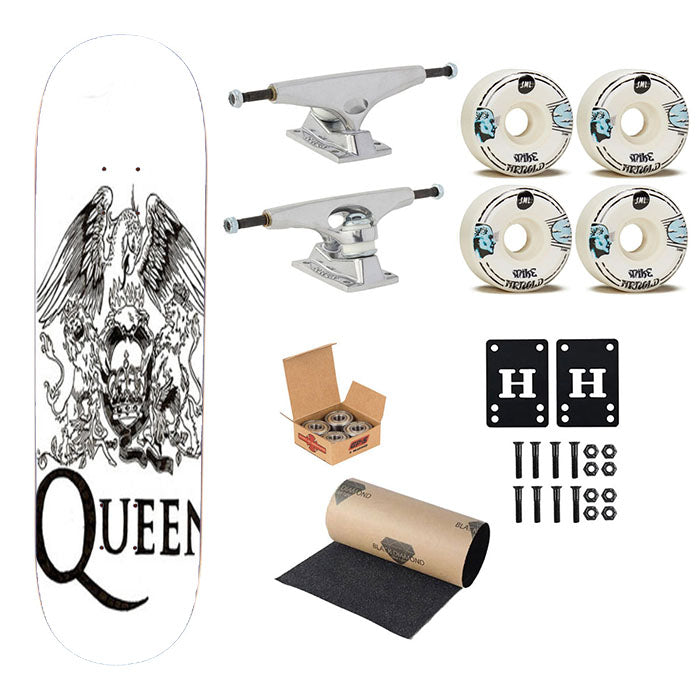 Queen Logo White Skateboard Complete Board 8.0" X 31.75"