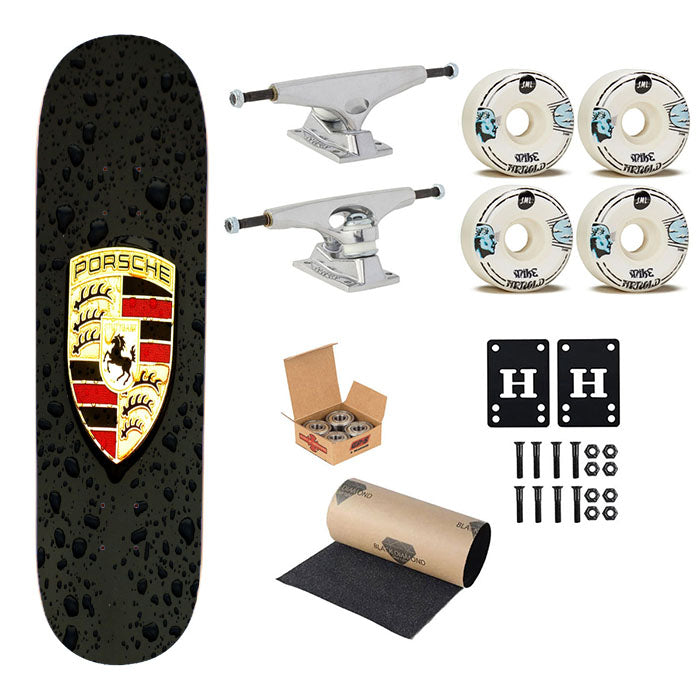 Rain Drop Porsche Logo Skateboard Complete Board 8.0" X 31.75"