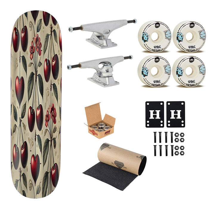Red Cherries And Hearts Skateboard Complete Board 8.0" X 31.75"