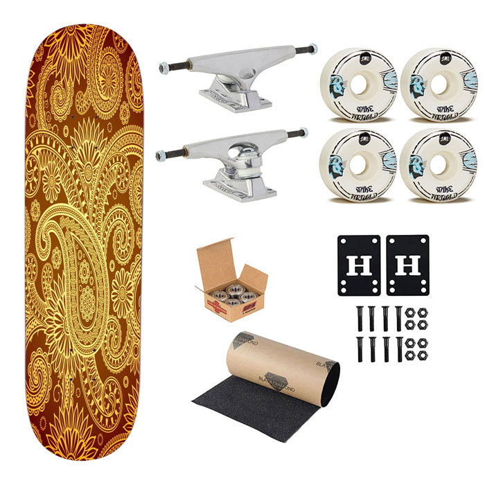 Red Gold Damask Pattern Skateboard Complete Board 8.0" X 31.75"