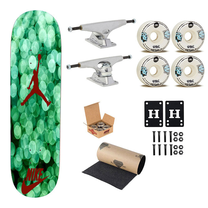 Red Nike Air Jordan Green Glitter Skateboard Complete Board 8.0" X 31.75"