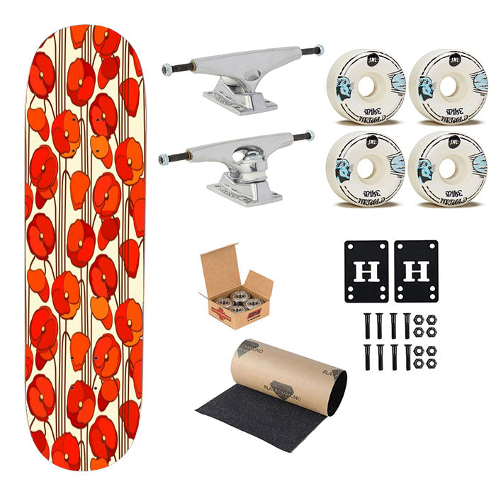 Red Poppy Flower Skateboard Complete Board 8.0" X 31.75"