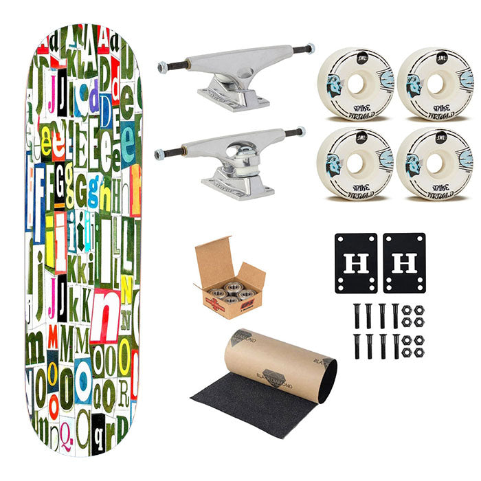 Retro Alphabet Green Collage Skateboard Complete Board 8.0" X 31.75"