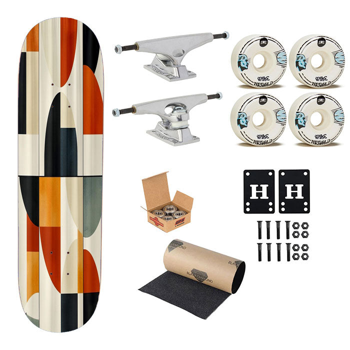 Retro Modern Shapes In Black Skateboard Complete Board 8.0" X 31.75"