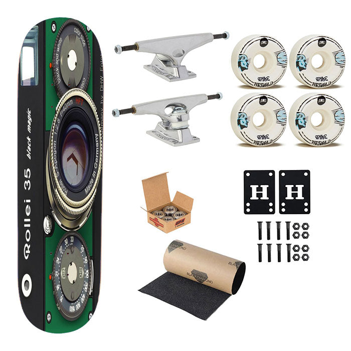 Rollei 5 Black Magic Green Retro Camera Skateboard Complete Board 8.0" X 31.75"
