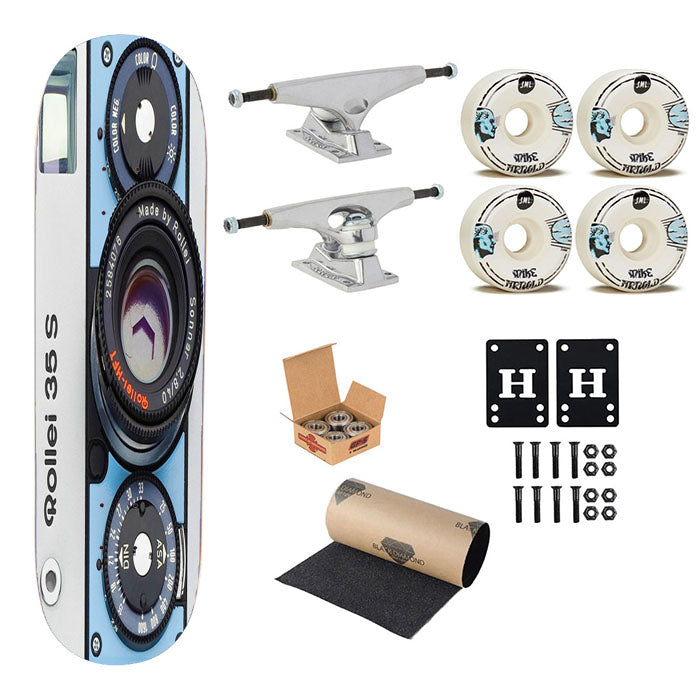 Rollei 5 S Blue Silver Retro Camera Skateboard Complete Board 8.0" X 31.75"
