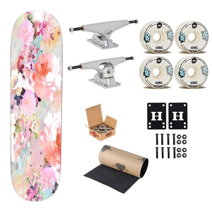 Romantic Pink Teal Watercolor Chic Floral Pattern Skateboard Complete Board 8.0" X 31.75"