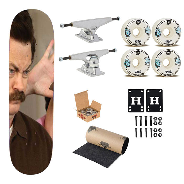 Ron Swanson Mean Look Skateboard Complete Board 8.0" X 31.75"