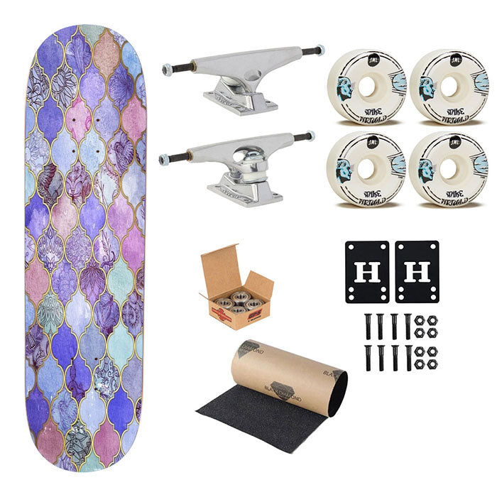 Royal Purple Mauve Indigo Moroccan Tile Pattern Skateboard Complete Board 8.0" X 31.75"