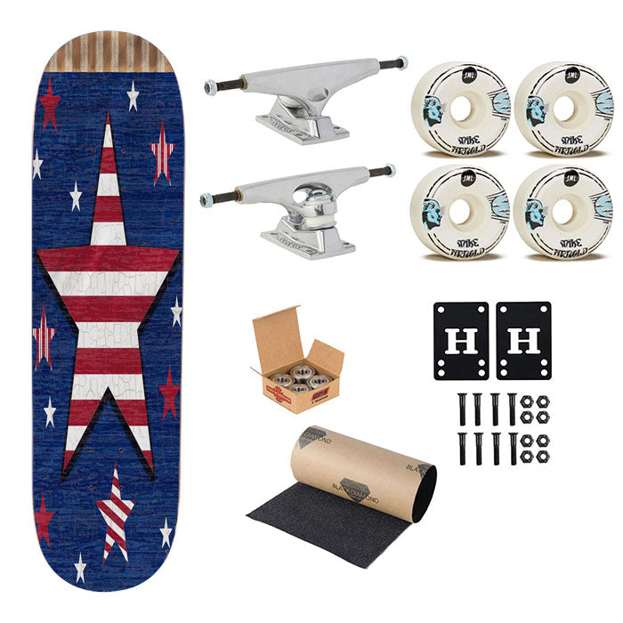 Rustic Patriotic Star Skateboard Complete Board 8.0" X 31.75"