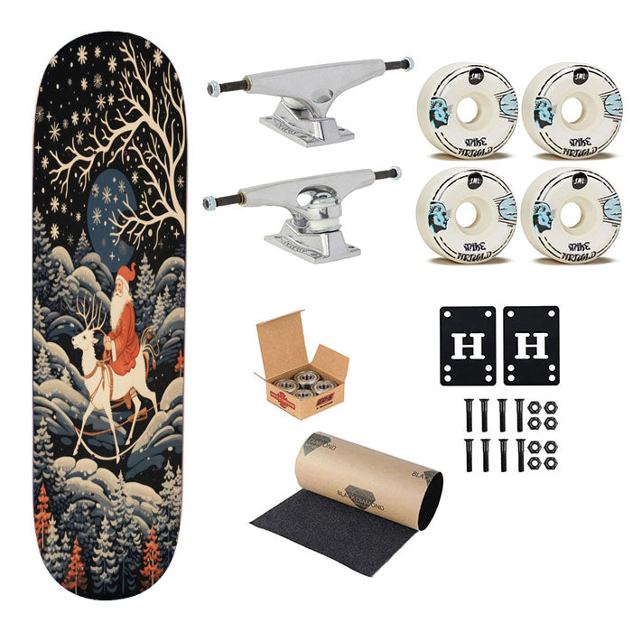 Santa Clause Riding Reindeer At Night Nature Christmas Skateboard Complete Board 8.0" X 31.75"