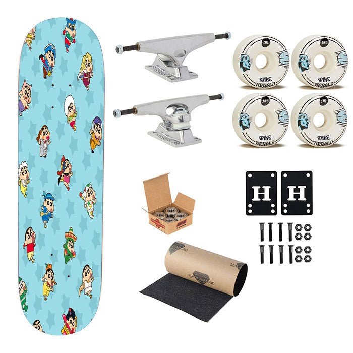 Shin Chan And Friends Blue Pattern Skateboard Complete Board 8.0" X 31.75"