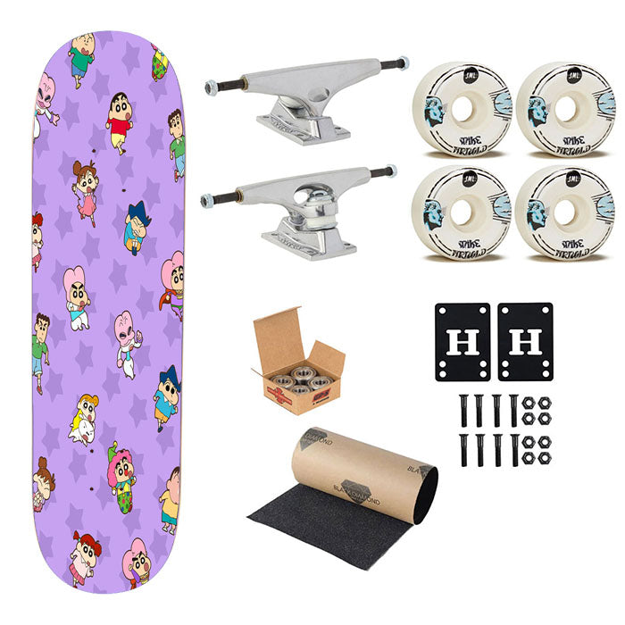 Shin Chan And Friends Purple Pattern Skateboard Complete Board 8.0" X 31.75"