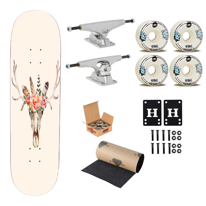 Skull Antler Feather And Flower Skateboard Complete Board 8.0" X 31.75"