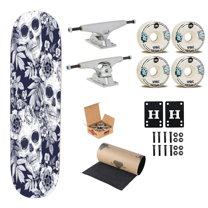 Skull Pattern On Grey Forest Skateboard Complete Board 8.0" X 31.75"