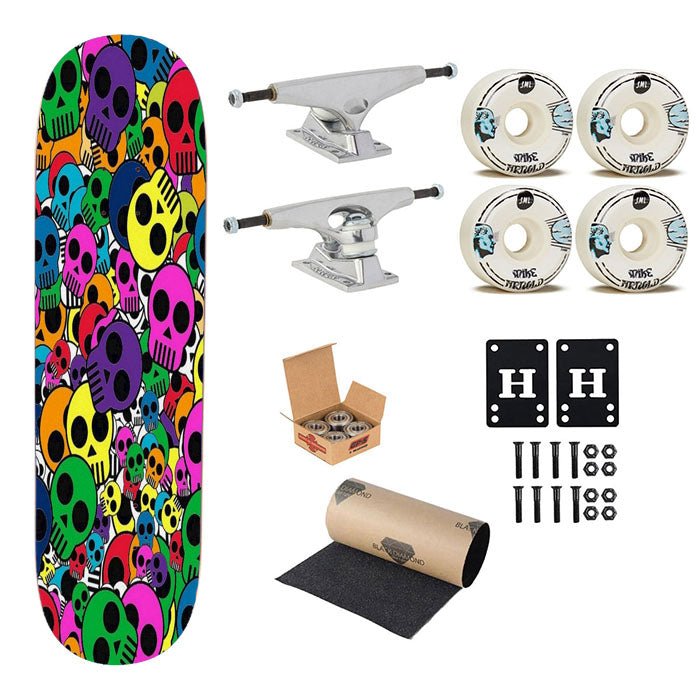 Skulls Multicolor Pattern Collage Skateboard Complete Board 8.0" X 31.75"