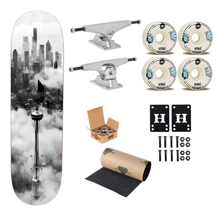Space Needle Clouds Skateboard Complete Board 8.0" X 31.75"