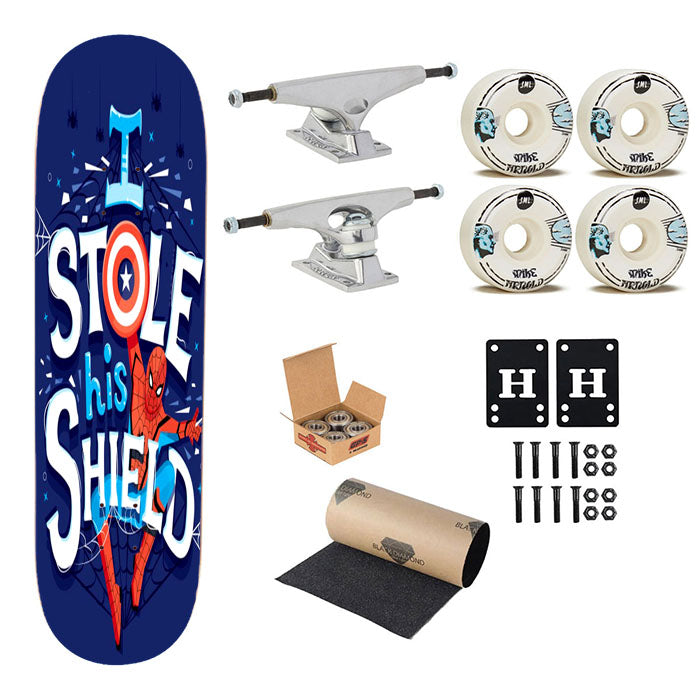 Spiderman Shield Skateboard Complete Board 8.0" X 31.75"