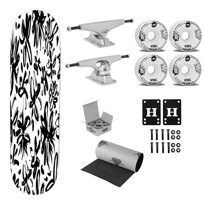 Subtle Painted Flowers Black And Whit Skateboard Complete Board 8.0" X 31.75"
