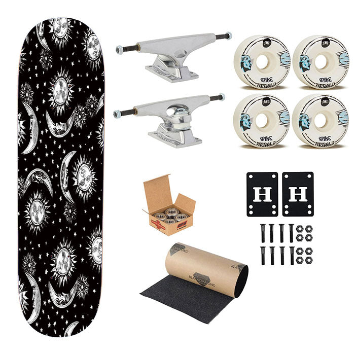 Sun And Moon Black White Pattern Skateboard Complete Board 8.0" X 31.75"