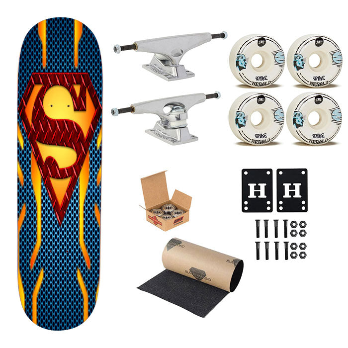 Superman Power Suit Blue Gold Logo Skateboard Complete Board 8.0" X 31.75"
