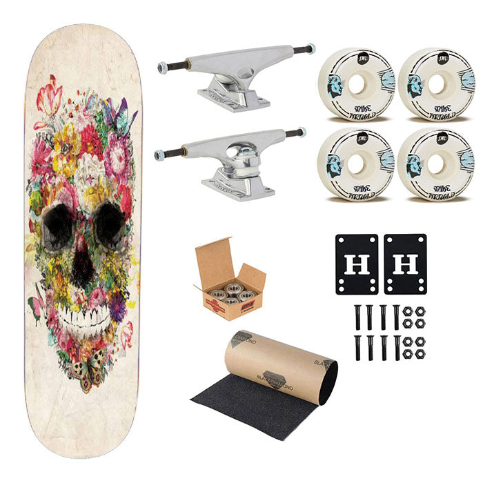The Beautifull Flower Skull Skateboard Complete Board 8.0" X 31.75"
