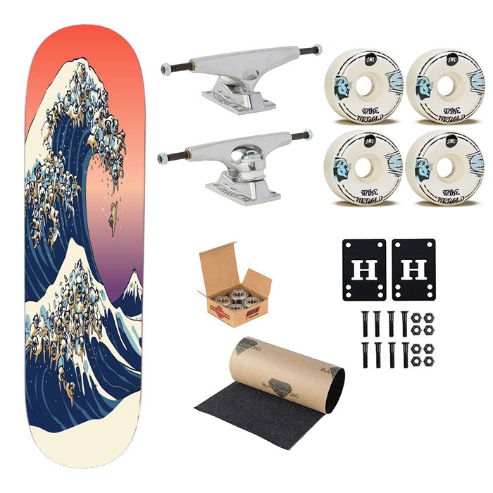 The Great Wave Of Pug Parody Skateboard Complete Board 8.0" X 31.75"
