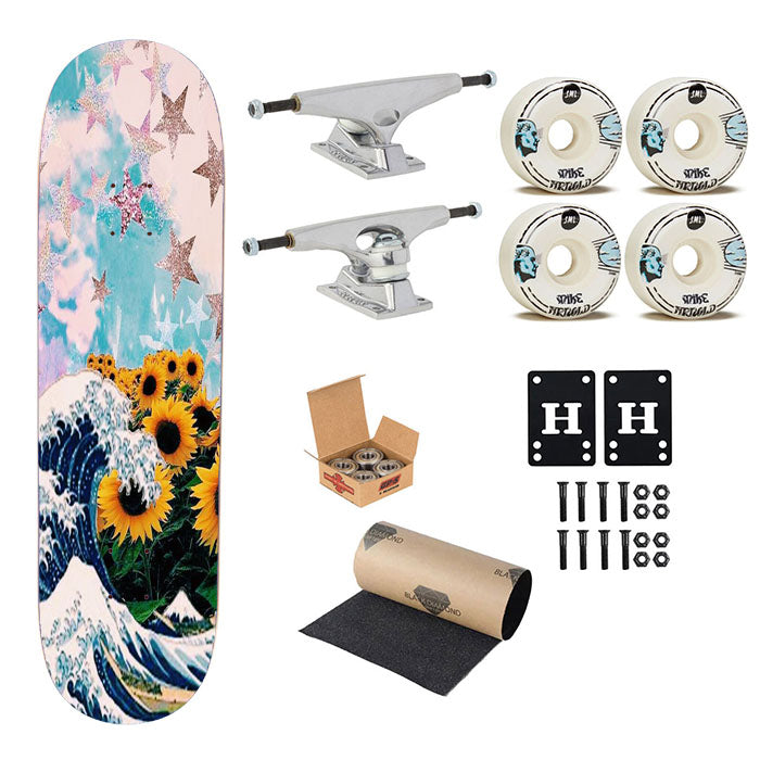 The Waves Sun Flowers And Star Collage Skateboard Complete Board 8.0" X 31.75"