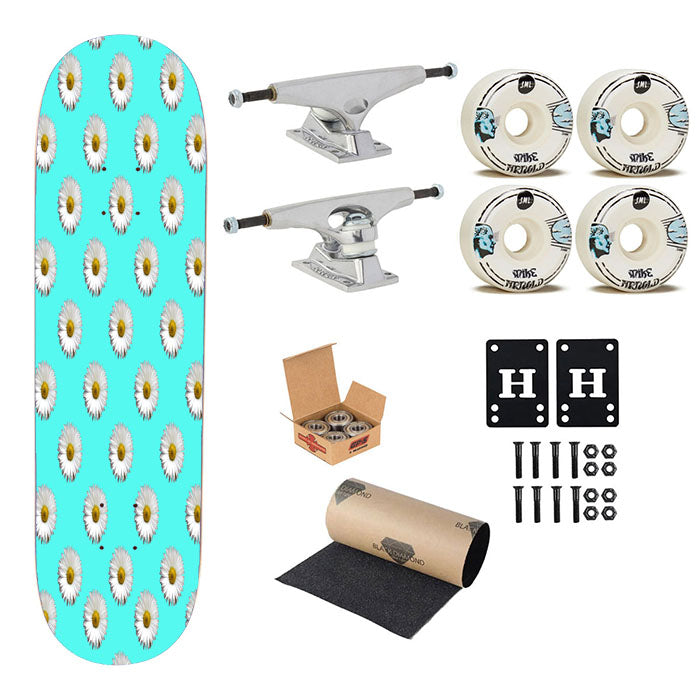 Turquoise White Daisy Flower Pattern Skateboard Complete Board 8.0" X 31.75"