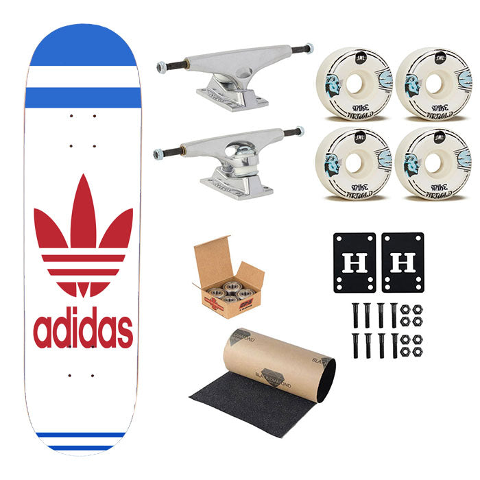 Vintage Adidas White Skateboard Complete Board 8.0" X 31.75"