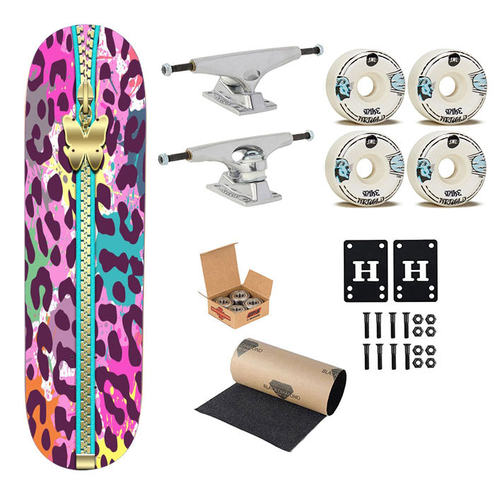Watercolor Zipper Butterfly With Cheetah Pattern Skateboard Complete Board 8.0" X 31.75"
