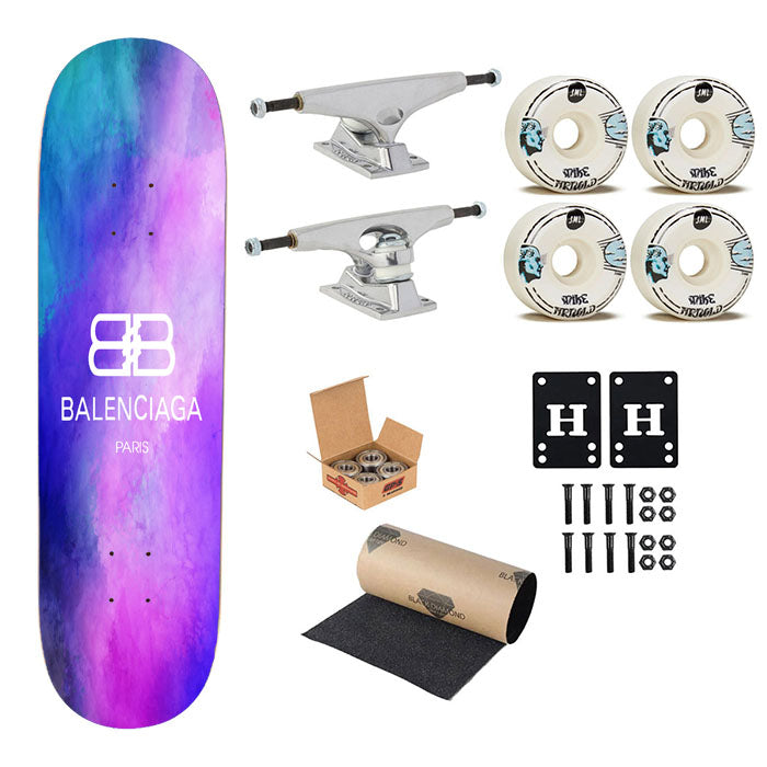 White Balenciaga Blue Purple Tye Die Color Skateboard Complete Board 8.0" X 31.75"