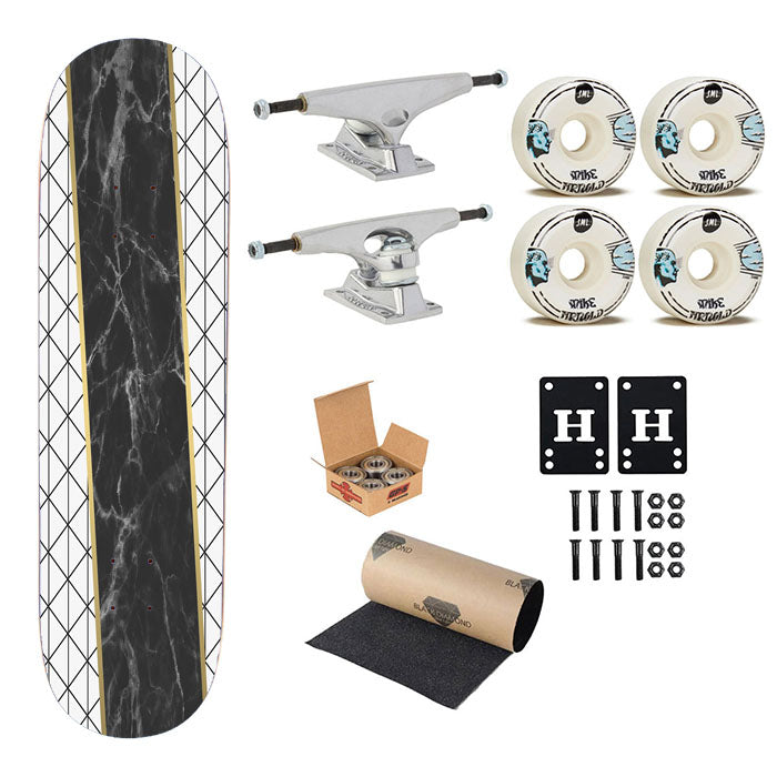 White Black Marble Geometric Triangle And Gold Line Pattern Skateboard Complete Board 8.0" X 31.75"