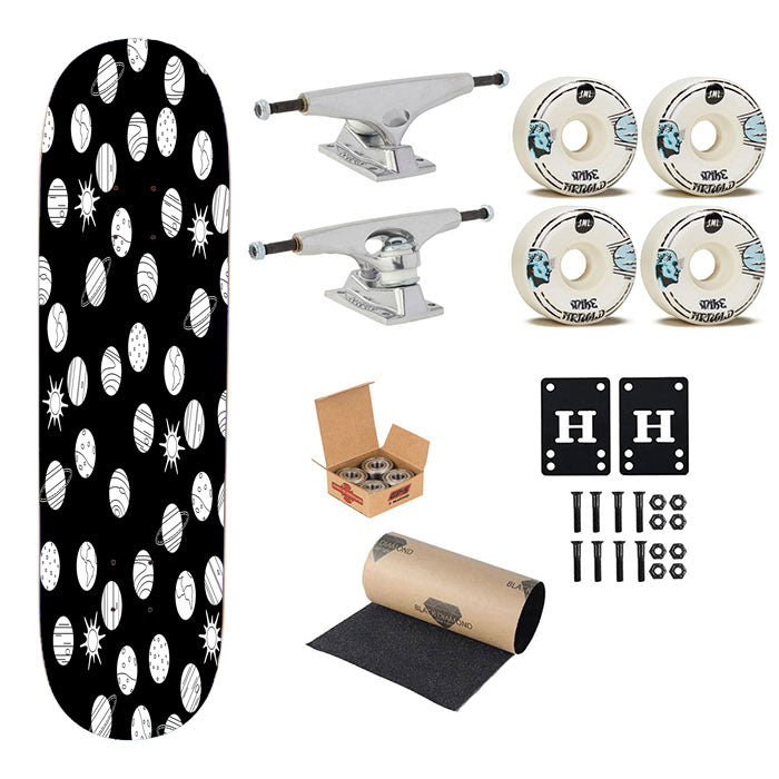 White Black Planet Pattern Doodle Skateboard Complete Board 8.0" X 31.75"