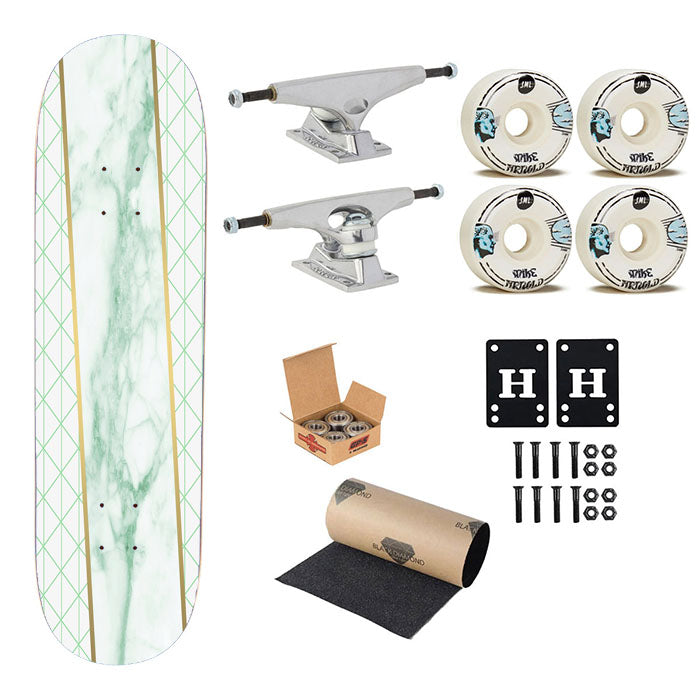White Green Marble Geometric Triangle And Gold Line Pattern Skateboard Complete Board 8.0" X 31.75"