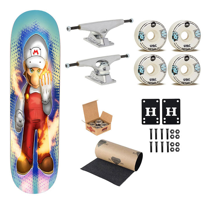 White Mario Flame Mode Skateboard Complete Board 8.0" X 31.75"