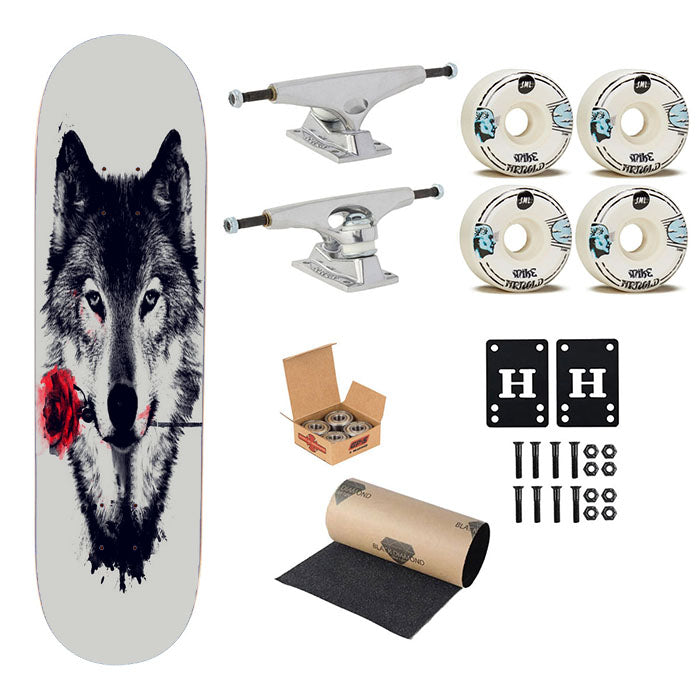 Wolf Red Flower Skateboard Complete Board 8.0" X 31.75"