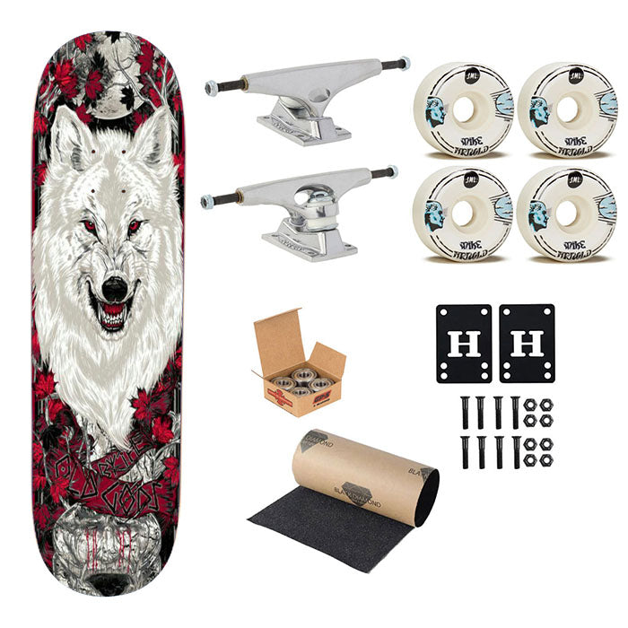 Wolf White Flower Skateboard Complete Board 8.0" X 31.75"